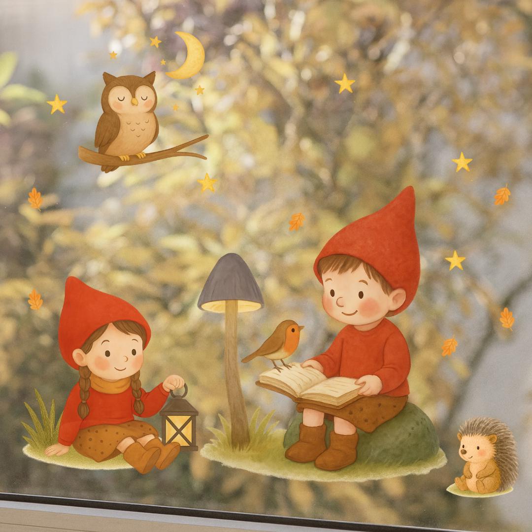Fensterbilder Waldtiere & Wichtel – statisch haftende deko mit Eule und Igel – wiederverwendbare Fenstersticker – 