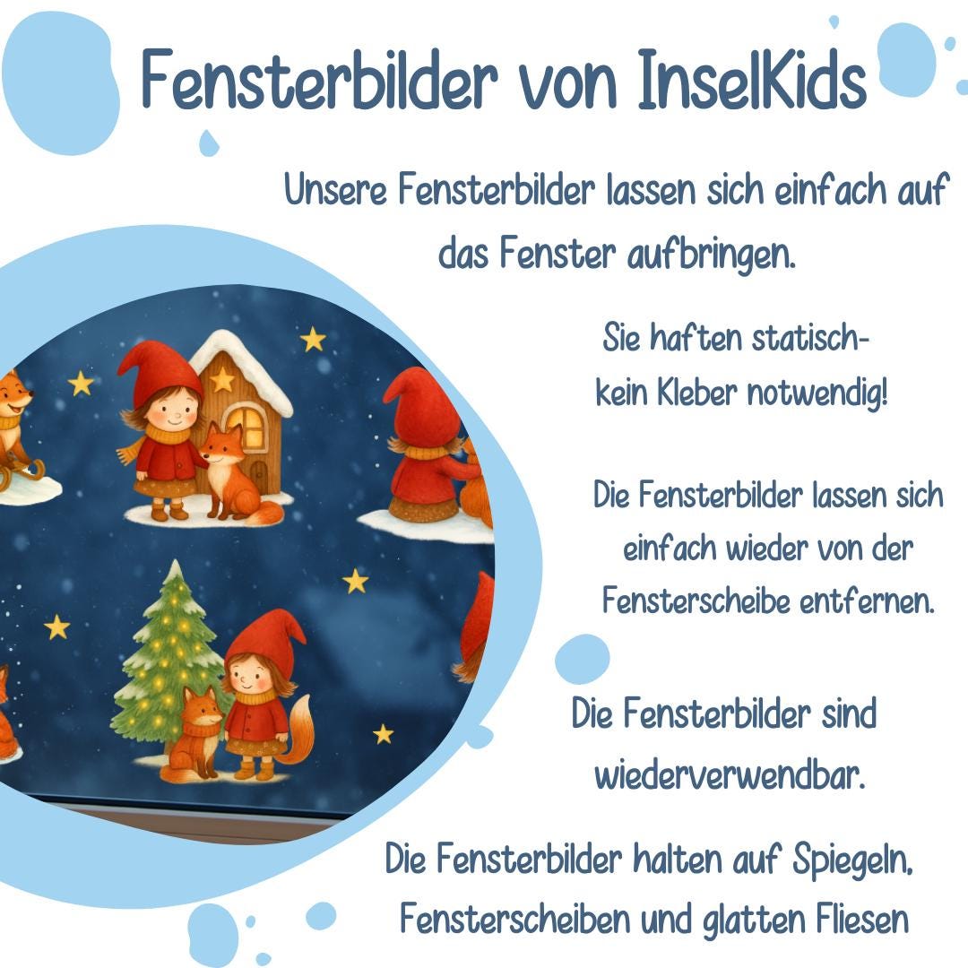 Weihnachtsdeko Fenster – Fensterbild Wichtel mit Fuchs & Tannenbaum – Advent Fenstersticker Sterne – Winter Fensterdeko wiederverwendbar – 