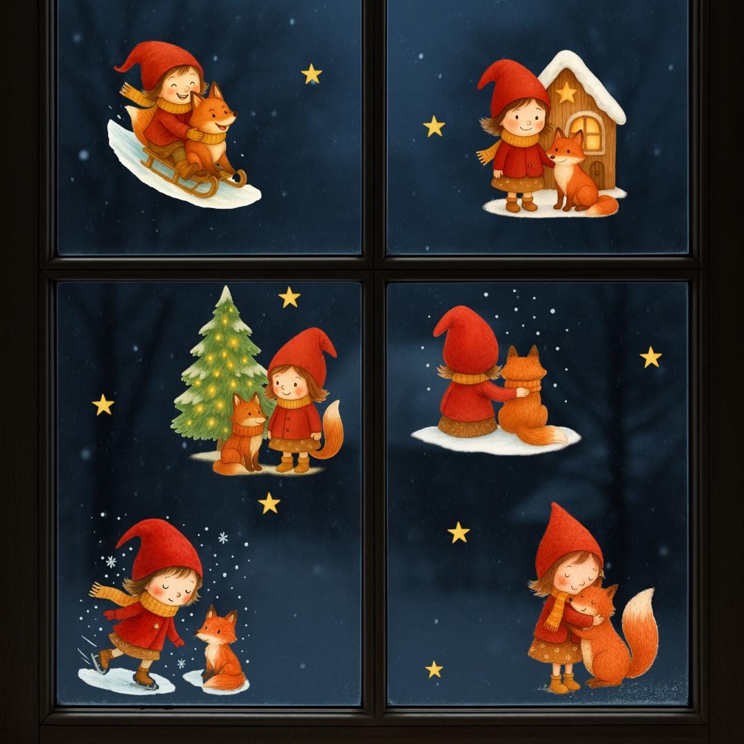 Weihnachtsdeko Fenster – Fensterbild Wichtel mit Fuchs & Tannenbaum – Advent Fenstersticker Sterne – Winter Fensterdeko wiederverwendbar – 