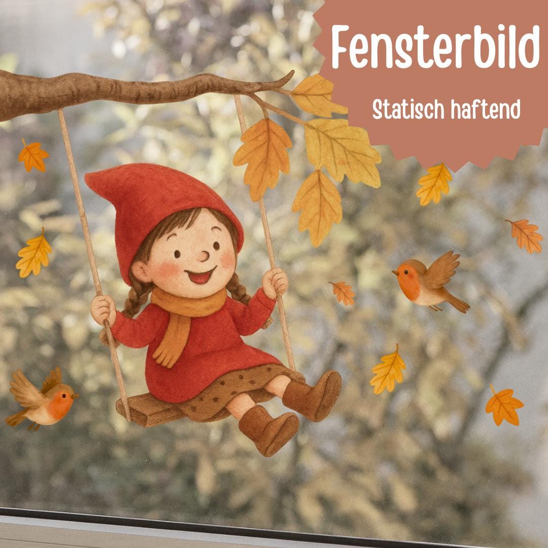 Fensterbild Wichtelkind Schaukel – statisch haftende Herbstdeko Fensterbilder – wiederverwendbare Fenstersticker Herbst Wald – 