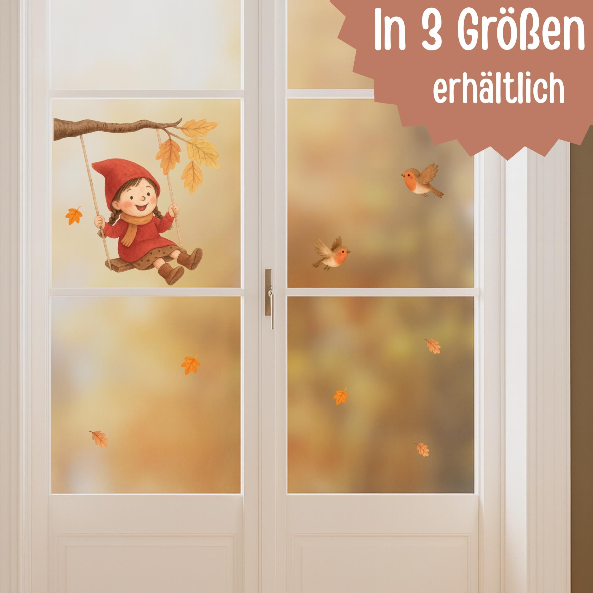 Fensterbild Wichtelkind Schaukel – statisch haftende Herbstdeko Fensterbilder – wiederverwendbare Fenstersticker Herbst Wald – 