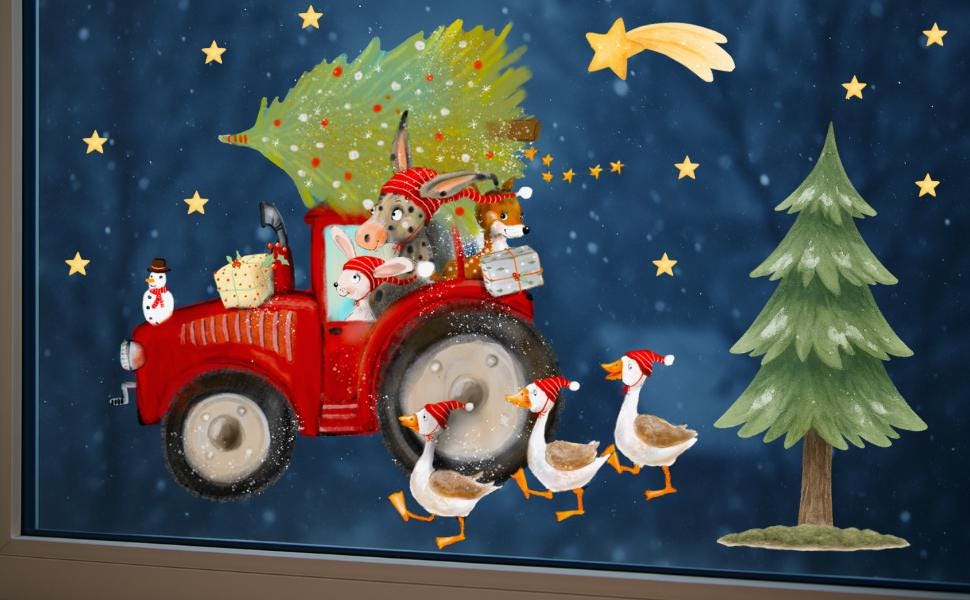 Fensterbild Weihnachten Traktor – Bauernhof Tiere mit Tannenbaum & Geschenken – Weihnachtsdeko Fenstersticker wiederverwendbar – 