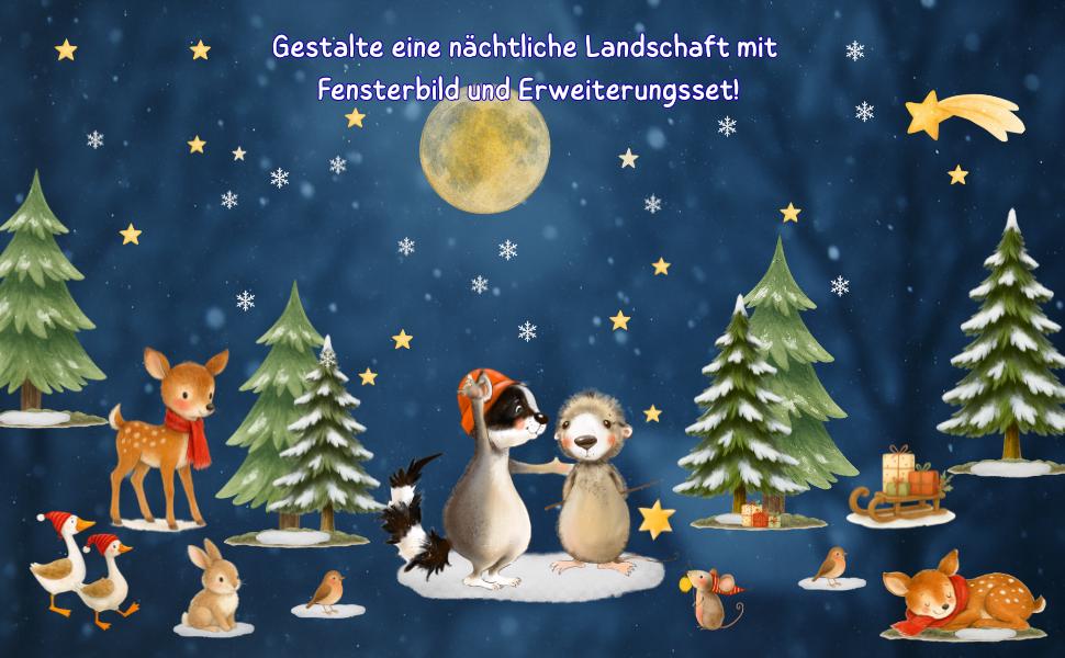 Fensterbild Weihnachten Waldtiere – Winterlandschaft mit Reh, Igel & Sternen – Weihnachtsdeko Fenstersticker Advent und Winterdeko – 
