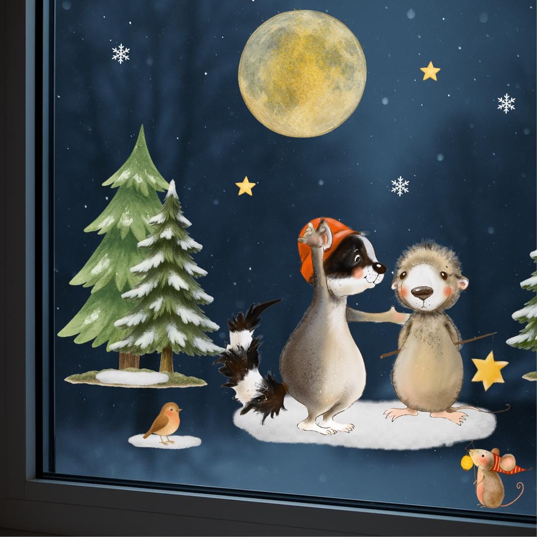 Fensterbild Weihnachten Waldtiere – Winterlandschaft mit Reh, Igel & Sternen – Weihnachtsdeko Fenstersticker Advent und Winterdeko – 