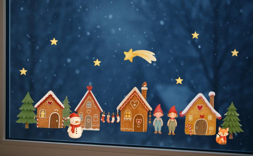Fensterbilder Weihnachten – Wichtel, Lebkuchenhaus & Schneemann – statisch haftende Weihnachts Fensterdeko Winter und Advent – 