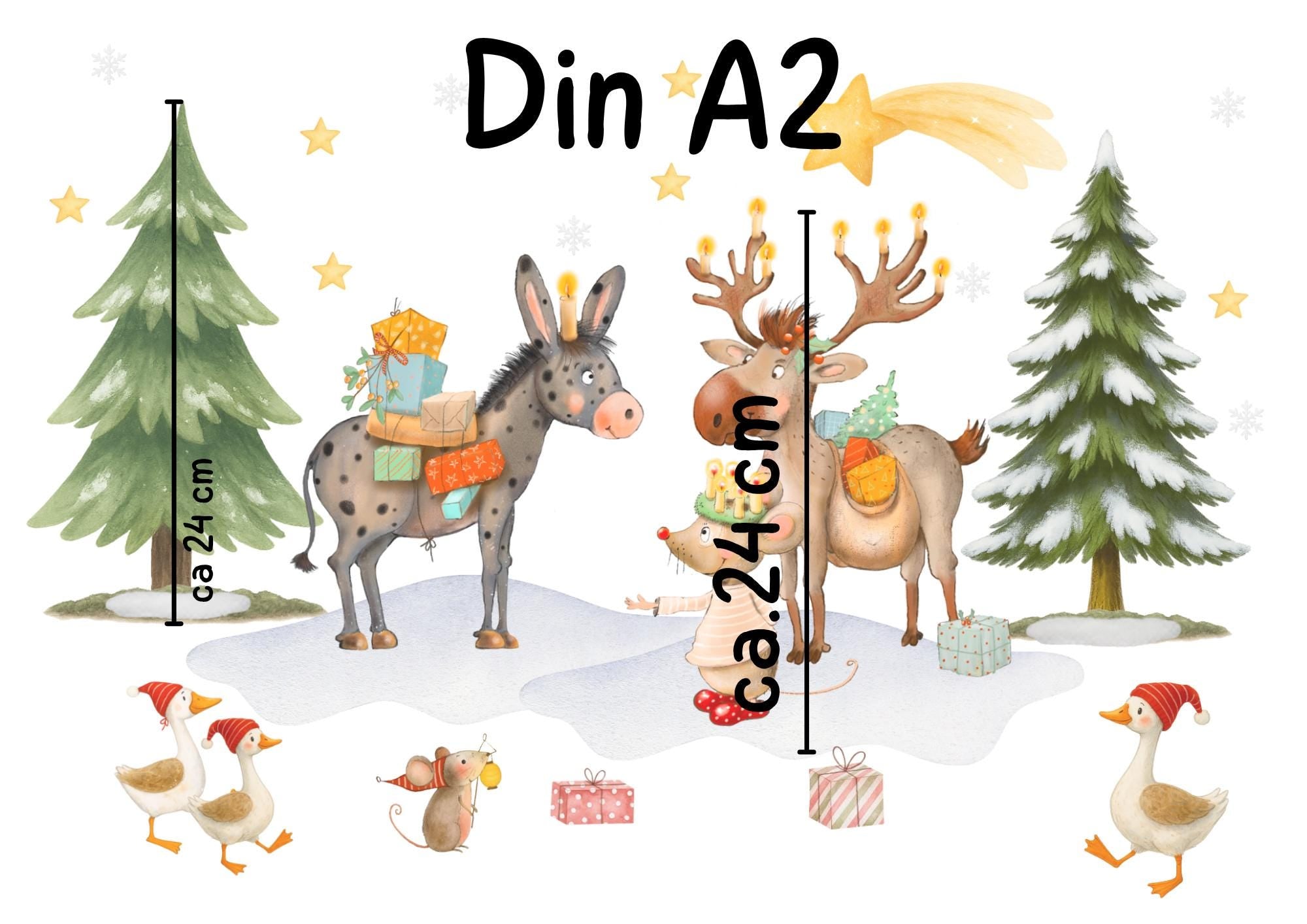 Fensterbild Weihnachten mit Rentier, Esel und Maus – Winterlandschaft mit Geschenken und Tannen – wiederverwendbare Weihnachtsdeko – 