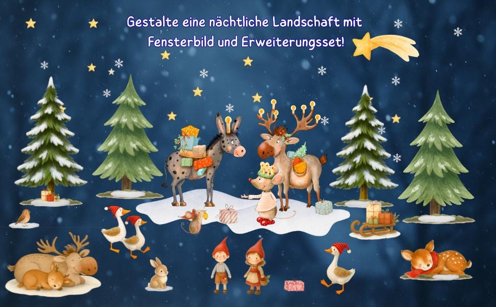 Fensterbild Weihnachten mit Rentier, Esel und Maus – Winterlandschaft mit Geschenken und Tannen – wiederverwendbare Weihnachtsdeko – 