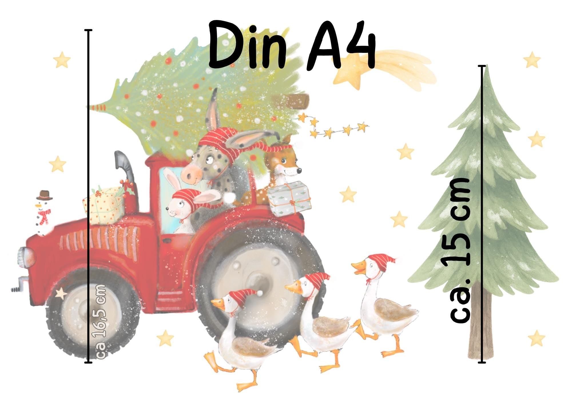 Fensterbild Weihnachten Traktor – Bauernhof Tiere mit Tannenbaum & Geschenken – Weihnachtsdeko Fenstersticker wiederverwendbar – 