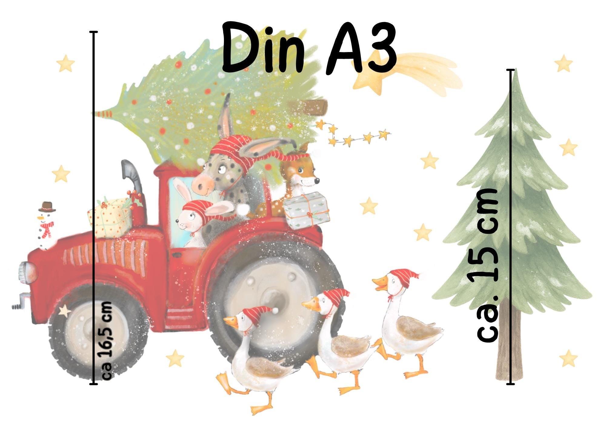 Fensterbild Weihnachten Traktor – Bauernhof Tiere mit Tannenbaum & Geschenken – Weihnachtsdeko Fenstersticker wiederverwendbar – 