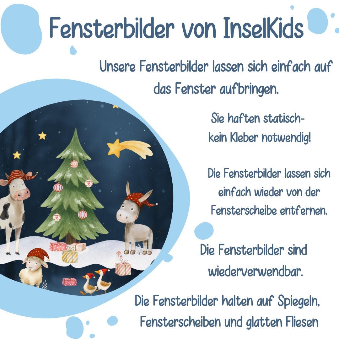 Fensterbild Weihnachten Bauernhoftiere – Kuh, Esel & Schaf mit Weihnachtsbaum – wiederverwendbare Weihnachtsdeko für Fenster und Advent – 