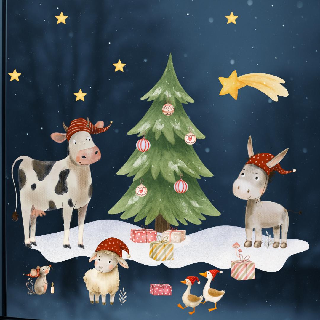 Fensterbild Weihnachten Bauernhoftiere – Kuh, Esel & Schaf mit Weihnachtsbaum – wiederverwendbare Weihnachtsdeko für Fenster und Advent – 