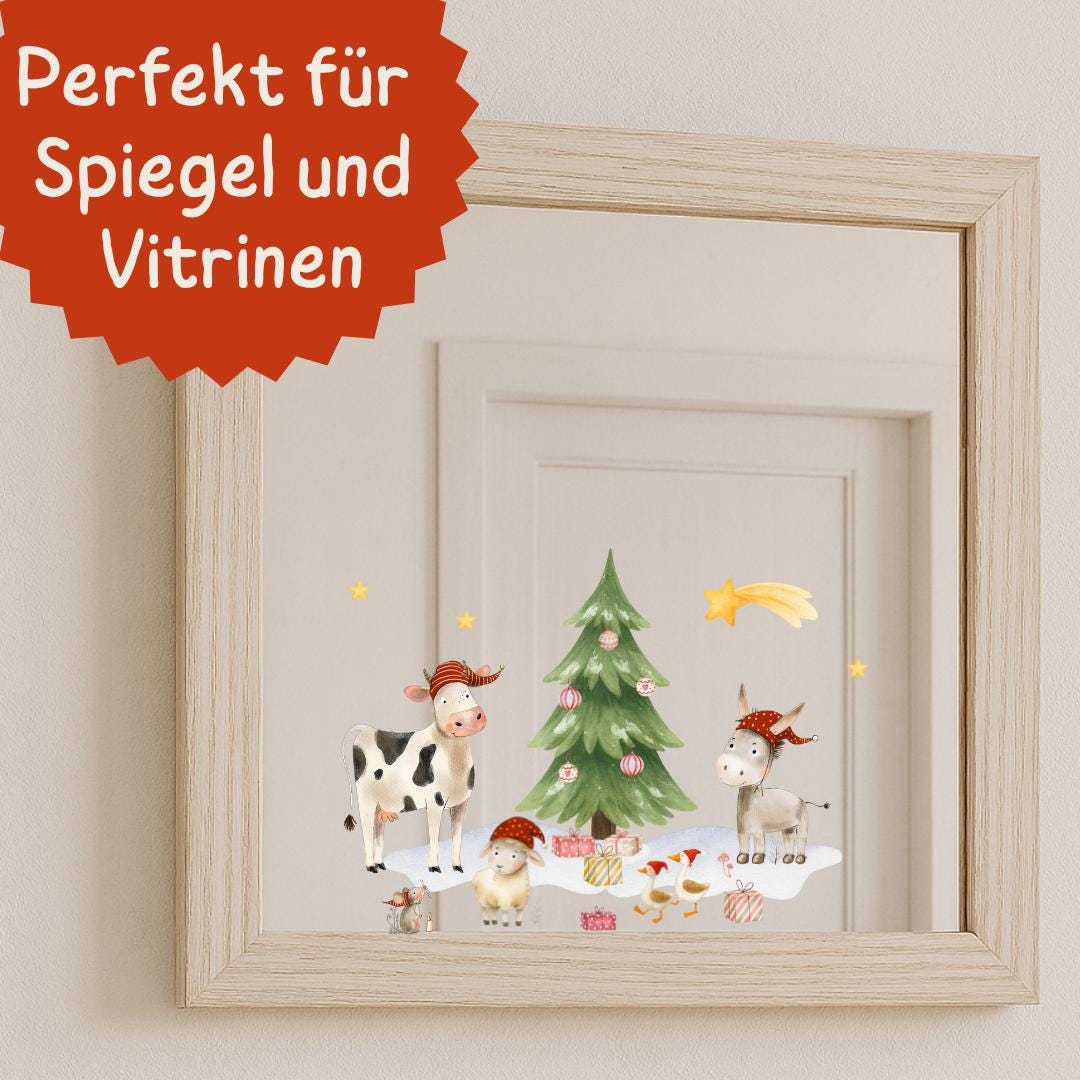 Fensterbild Weihnachten Bauernhoftiere – Kuh, Esel & Schaf mit Weihnachtsbaum – wiederverwendbare Weihnachtsdeko für Fenster und Advent – 