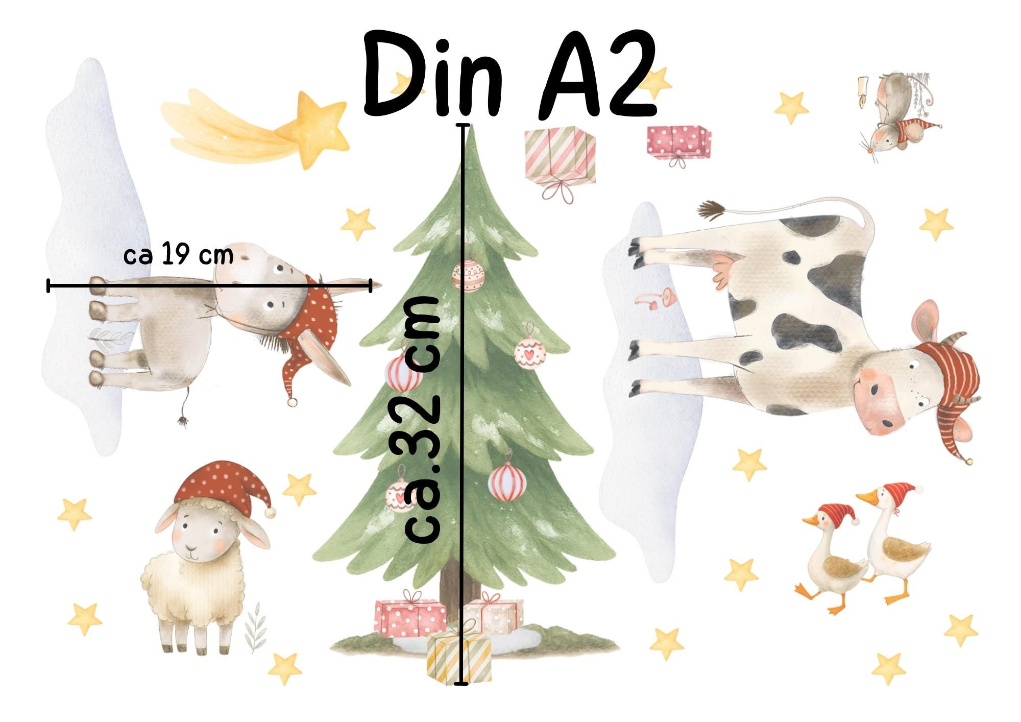 Fensterbild Weihnachten Bauernhoftiere – Kuh, Esel & Schaf mit Weihnachtsbaum – wiederverwendbare Weihnachtsdeko für Fenster und Advent – 