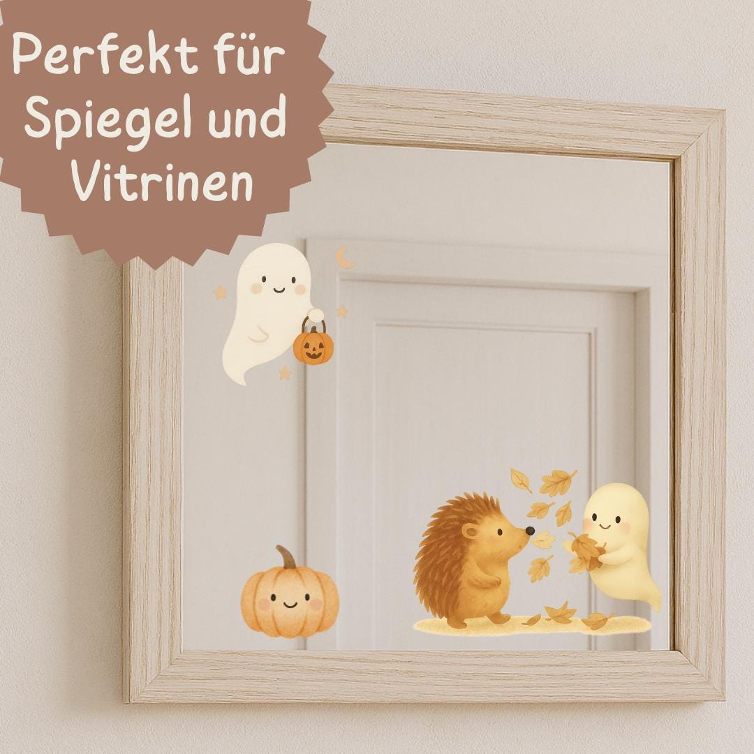 Fensterbilder Halloween Herbst – Geister & Igel mit Kürbis – statisch haftende Fensterdeko Kinderzimmer wiederverwendbar – 