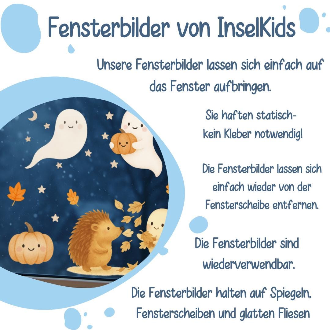 Fensterbilder Halloween Herbst – Geister & Igel mit Kürbis – statisch haftende Fensterdeko Kinderzimmer wiederverwendbar – 