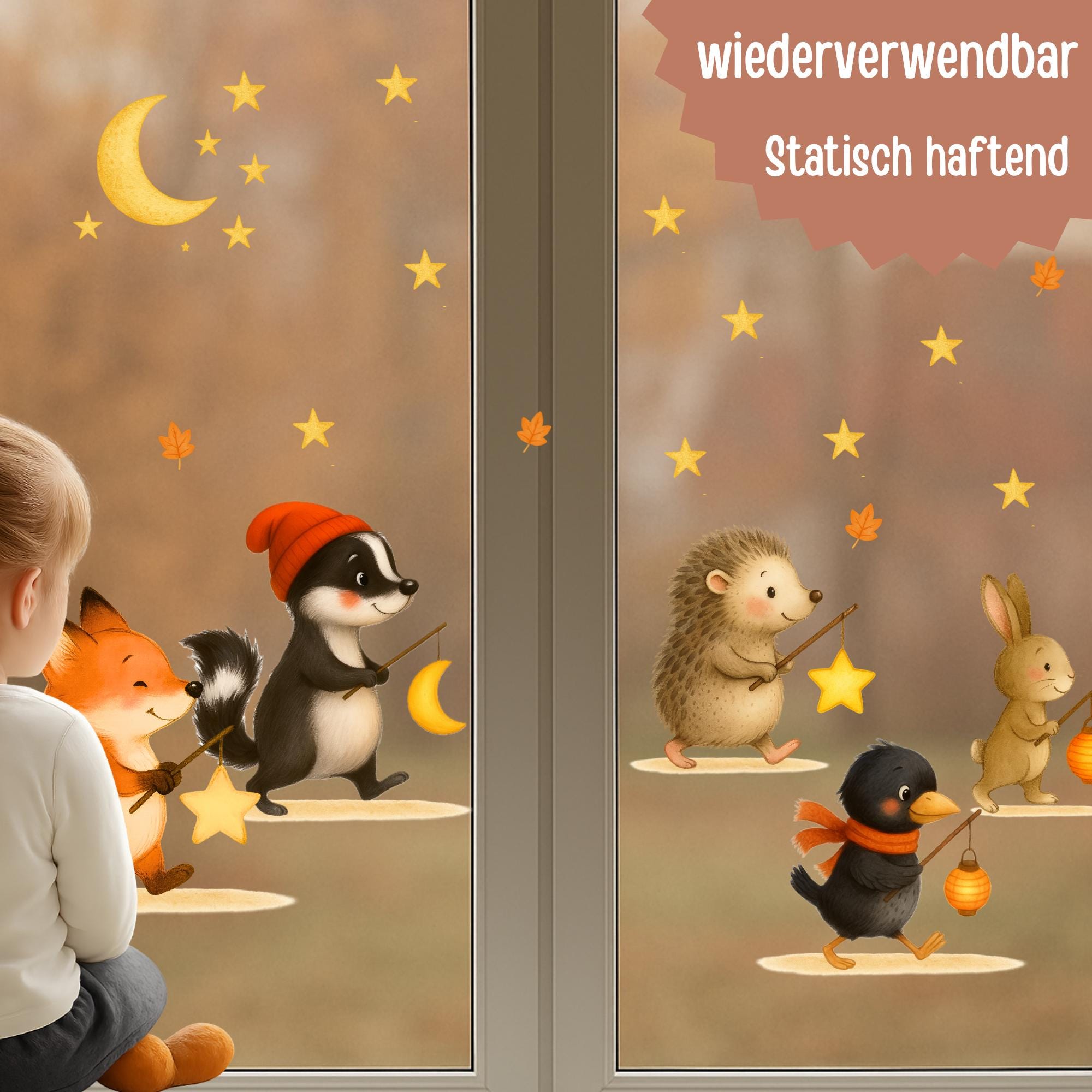 Fensterbilder Herbst Waldtiere – Laternenumzug Fuchs Hase Igel – statisch haftende Fensterdeko St. Martin & Laternenfest – 