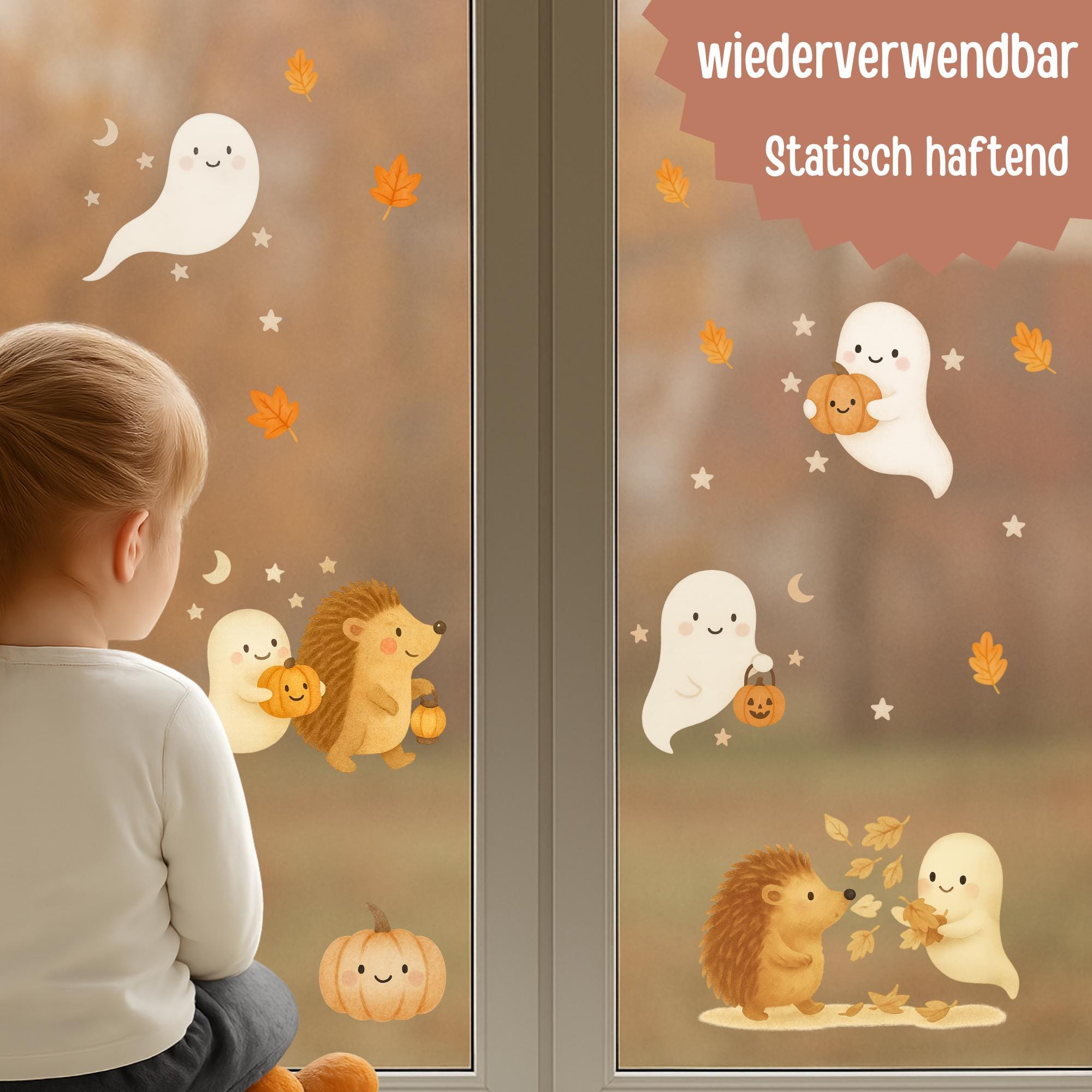 Fensterbilder Halloween Herbst – Geister & Igel mit Kürbis – statisch haftende Fensterdeko Kinderzimmer wiederverwendbar – 