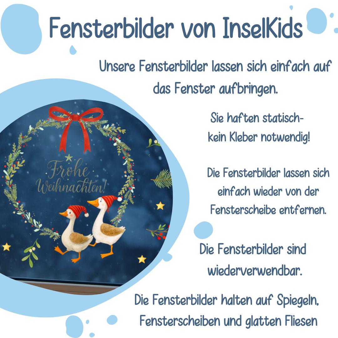 Fensterbild Weihnachten Kranz mit Gänsen – Frohe Weihnachten Motiv mit Sternen, Schleife und Zweigen – wiederverwendbare Weihnachtsdeko – 