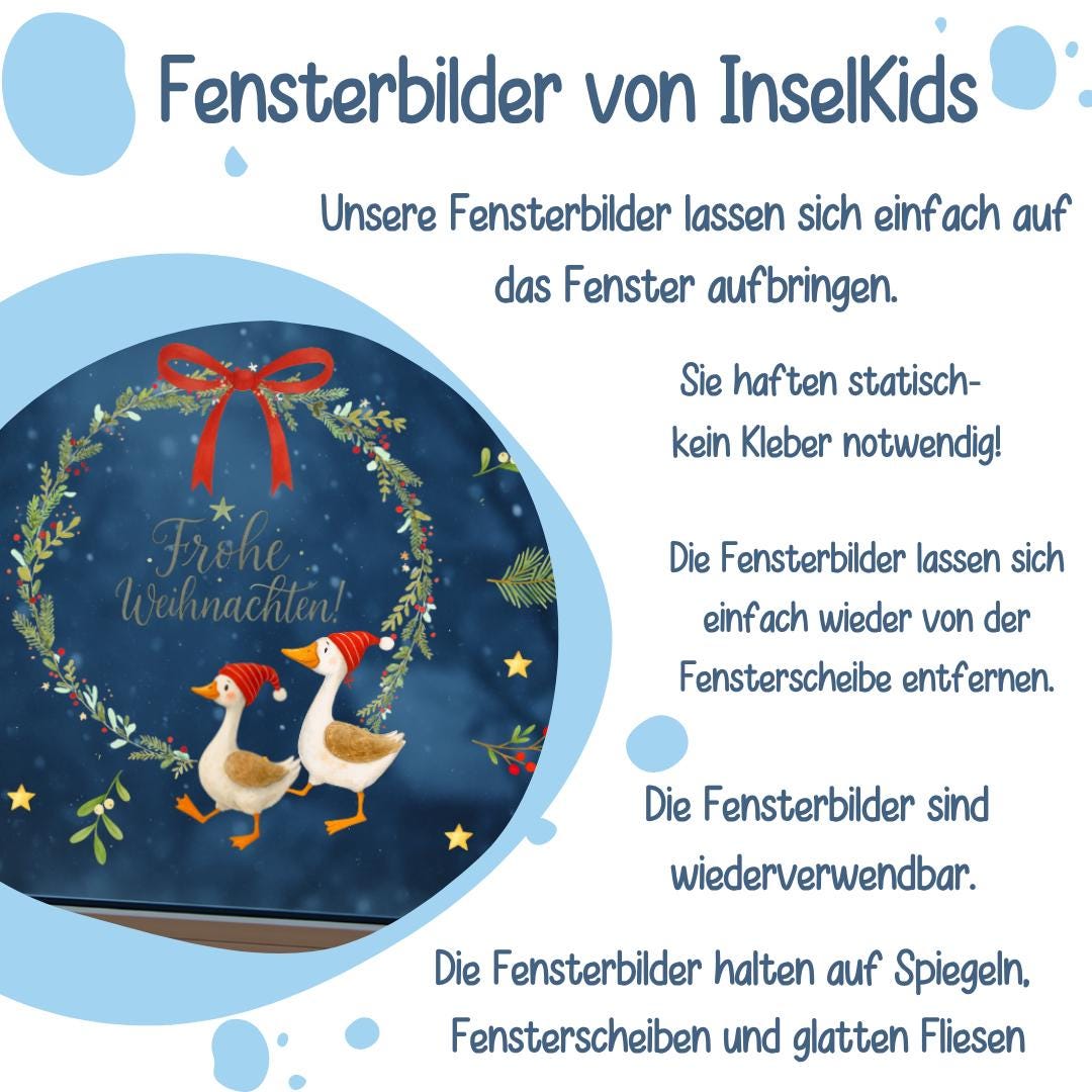 Fensterbild Weihnachten Kranz mit Gänsen – Frohe Weihnachten Motiv mit Sternen, Schleife und Zweigen – wiederverwendbare Weihnachtsdeko – 