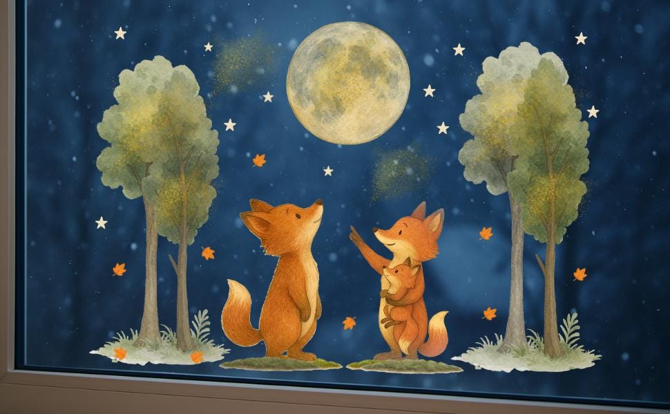 Fensterbilder Waldtiere – Füchse unter Mond & Sternen – statisch haftende Fensterdeko wiederverwendbar – 