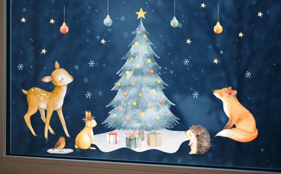 Fensterbild Weihnachten Waldtiere – Winterliche Fensterdeko mit Weihnachtsbaum & Tieren – Sticker für Fenster und Spiegel – 