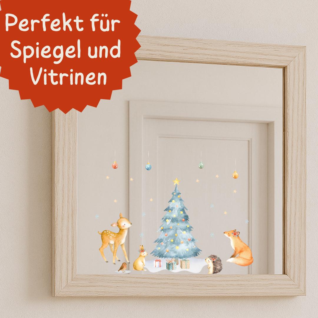 Fensterbild Weihnachten Waldtiere – Winterliche Fensterdeko mit Weihnachtsbaum & Tieren – Sticker für Fenster und Spiegel – 