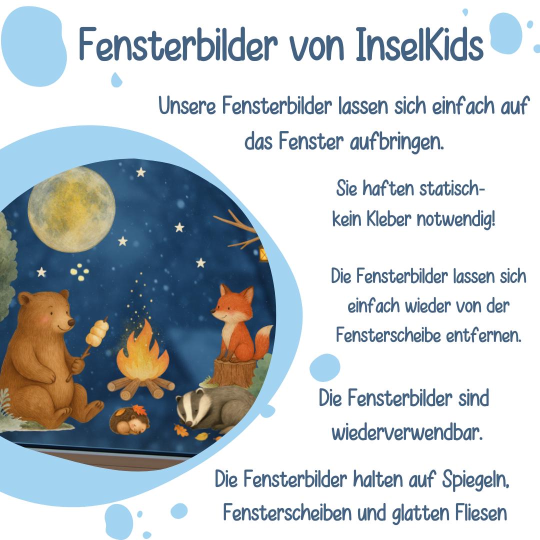 Herbstliche Fensterbilder - Waldtiere am Lagerfeuer mit Bär, Fuchs und Eule – Mond und Sterne – statisch haftend & wiederverwendbar – 