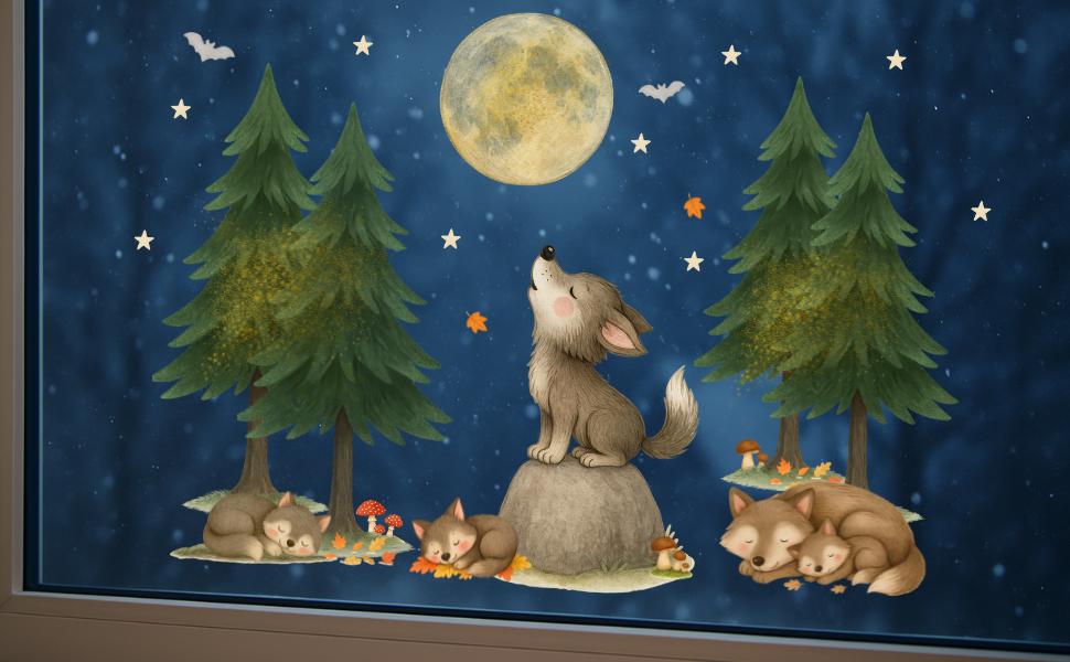 Fensterbild Wolf Herbst – Wölfe unter Mond & Sternen – statisch haftende Fensterbilder Waldtiere, wiederverwendbare Herbstdeko – 