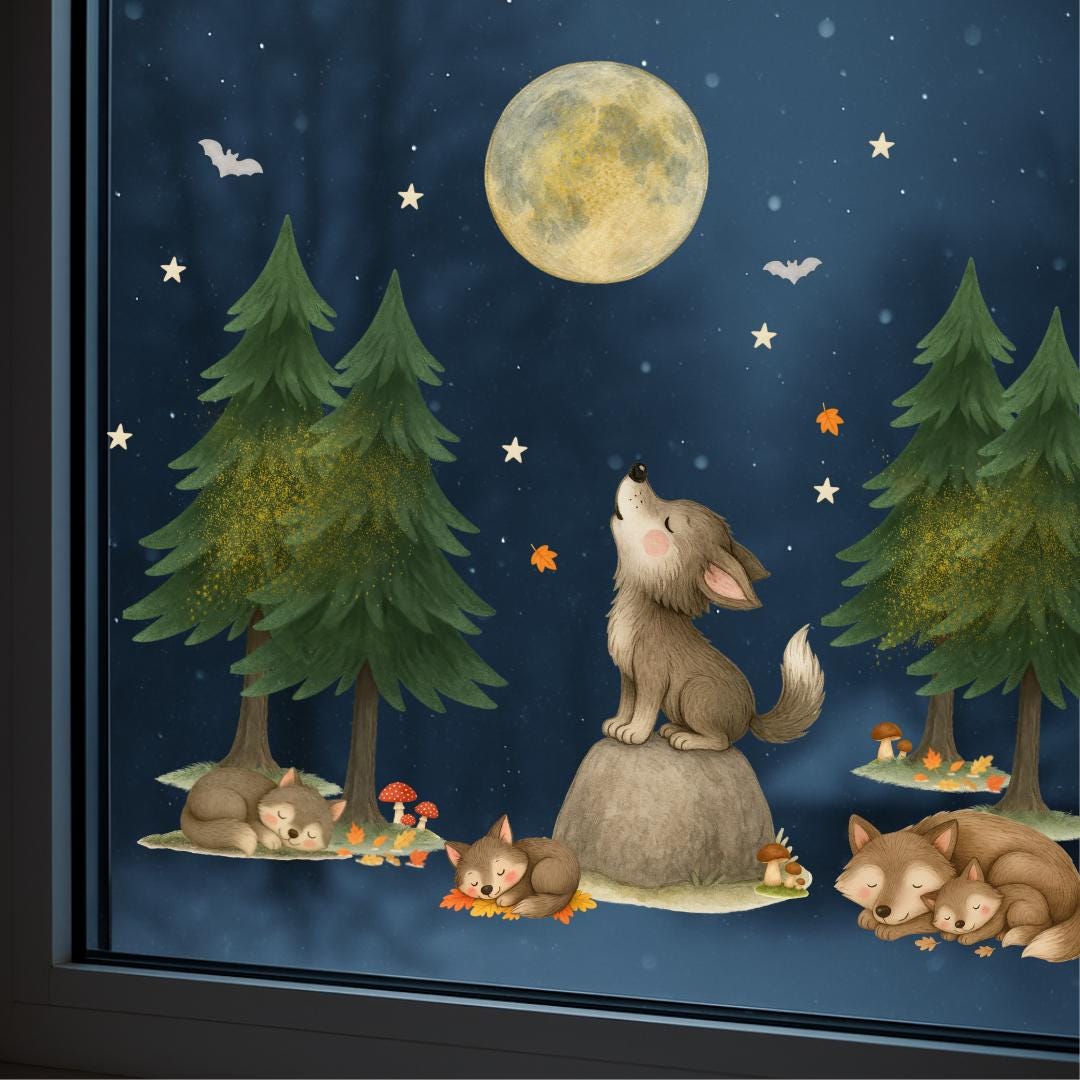 Fensterbild Wolf Herbst – Wölfe unter Mond & Sternen – statisch haftende Fensterbilder Waldtiere, wiederverwendbare Herbstdeko – 