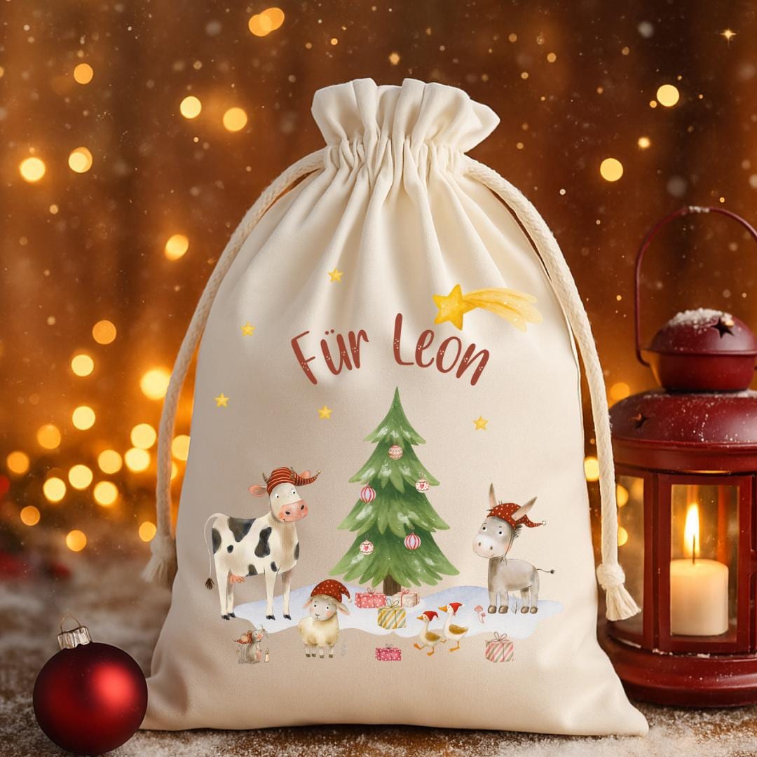 Geschenkbeutel Weihnachten personalisiert – Nikolaussack mit Name & Bauernhoftieren – Weihnachtsbeutel wiederverwendbar – Gift Wrapping