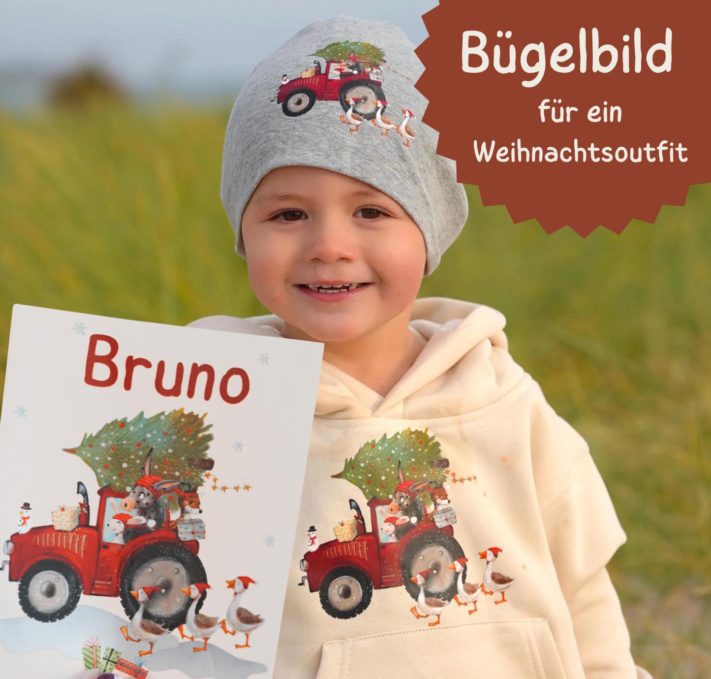 Bügelbild Weihnachten Traktor - personalisiert mit Name – Weihnachtsmotiv für Shirt & Pullover – Bügelmotiv A4 oder A5 – Patches