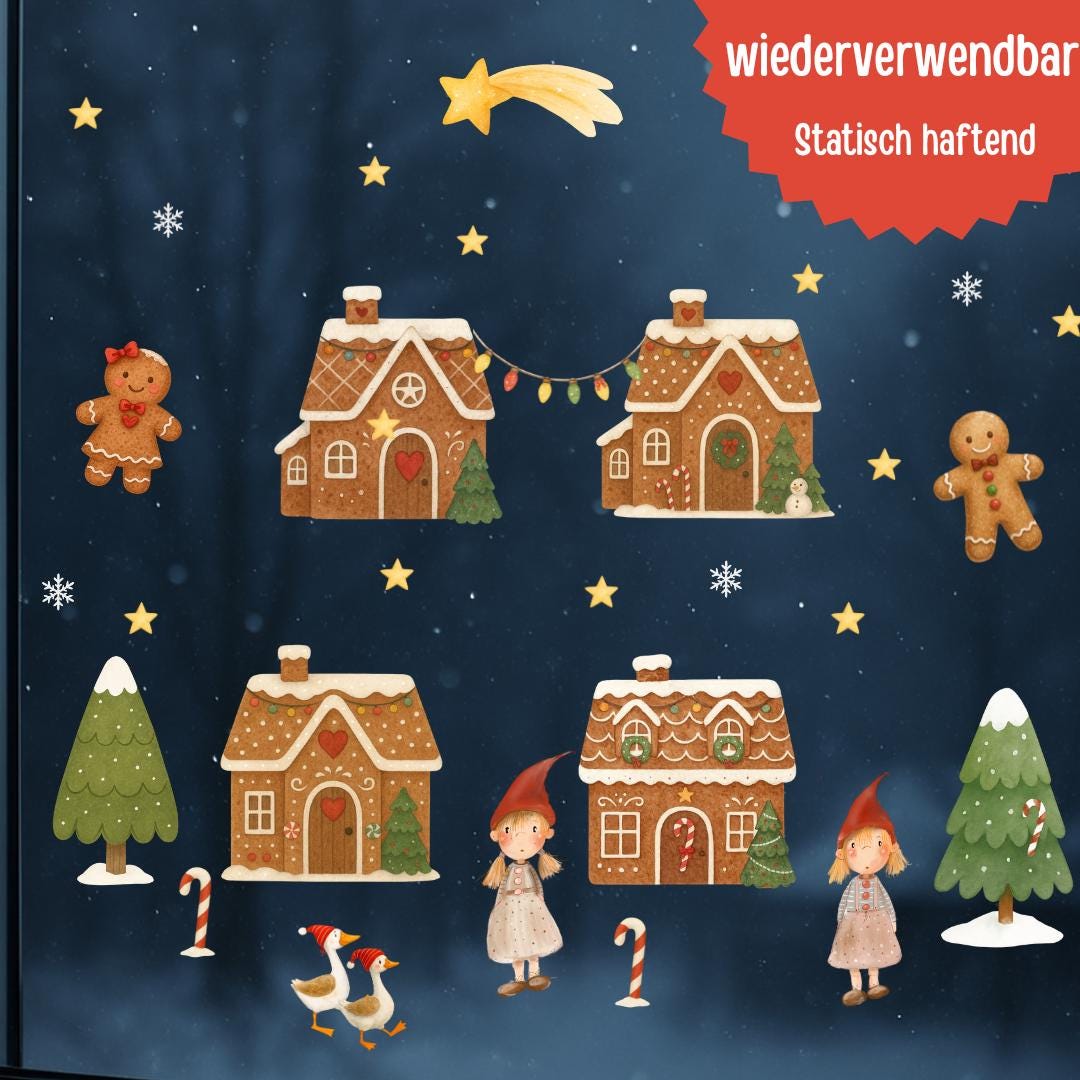 Fensterbild Weihnachten Lebkuchenhaus - Wichtel & Zuckerstangen – wiederverwendbare Fensterdeko Winter und Advent – statisch haftend – 