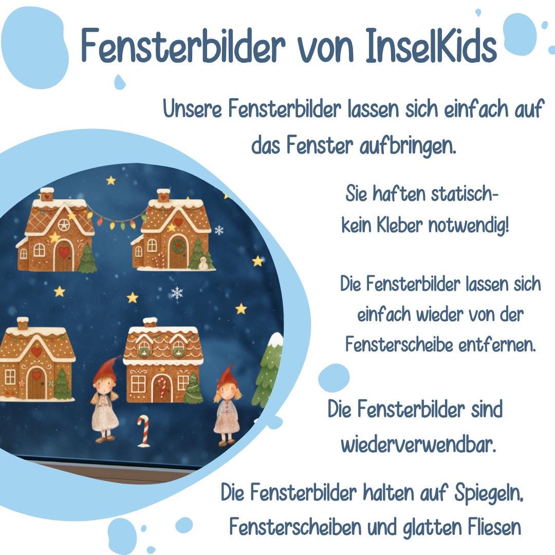 Fensterbild Weihnachten Lebkuchenhaus - Wichtel & Zuckerstangen – wiederverwendbare Fensterdeko Winter und Advent – statisch haftend – 