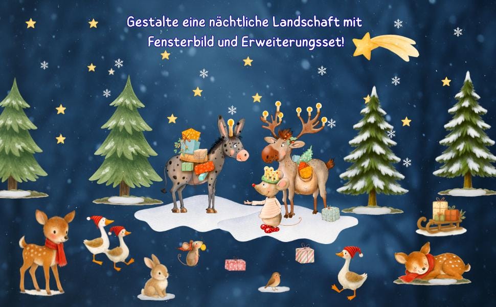 Fensterbild Weihnachten mit Rentier, Esel und Maus – Winterlandschaft mit Geschenken und Tannen – wiederverwendbare Weihnachtsdeko – 
