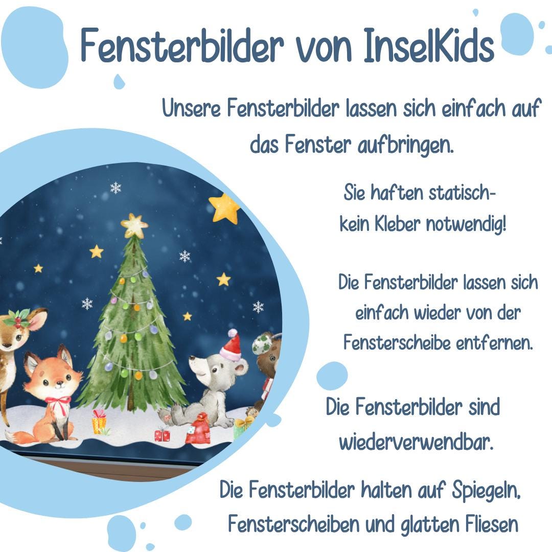 Fensterbild Weihnachten mit Rentier, Esel und Maus – Winterlandschaft mit Geschenken und Tannen – wiederverwendbare Weihnachtsdeko – 