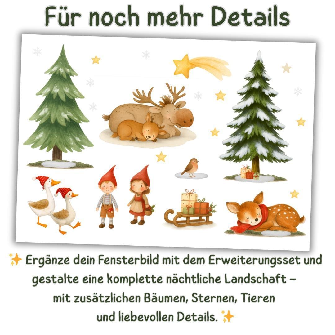 Fensterbild Weihnachten mit Rentier, Esel und Maus – Winterlandschaft mit Geschenken und Tannen – wiederverwendbare Weihnachtsdeko – 