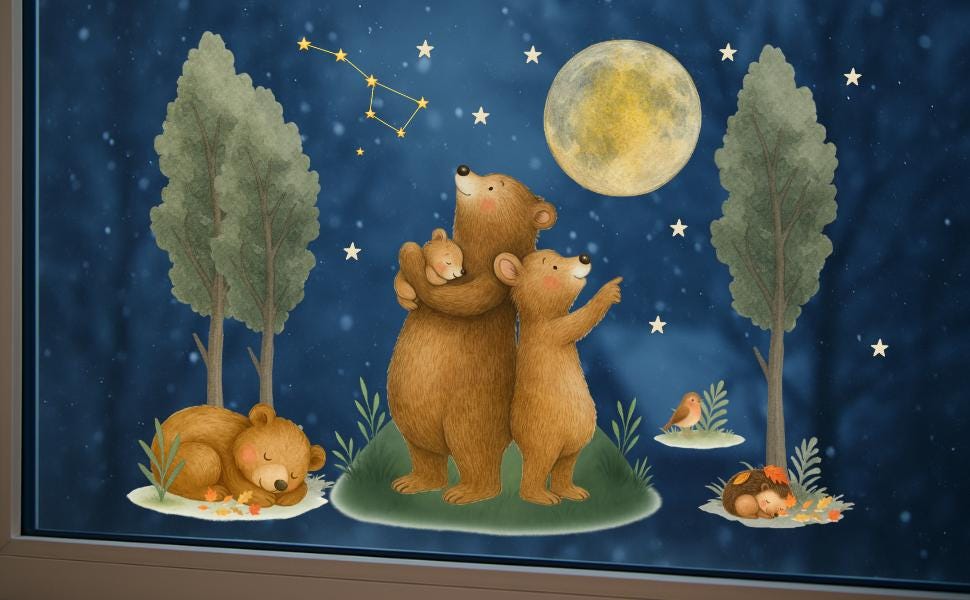 Herbstdeko Fenster – Fensterbild Bärenfamilie mit Mond & Sternen – Fensterdeko Waldtiere für Herbst und Winter – 