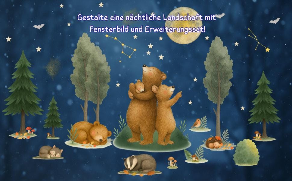Herbstdeko Fenster – Fensterbild Bärenfamilie mit Mond & Sternen – Fensterdeko Waldtiere für Herbst und Winter – 