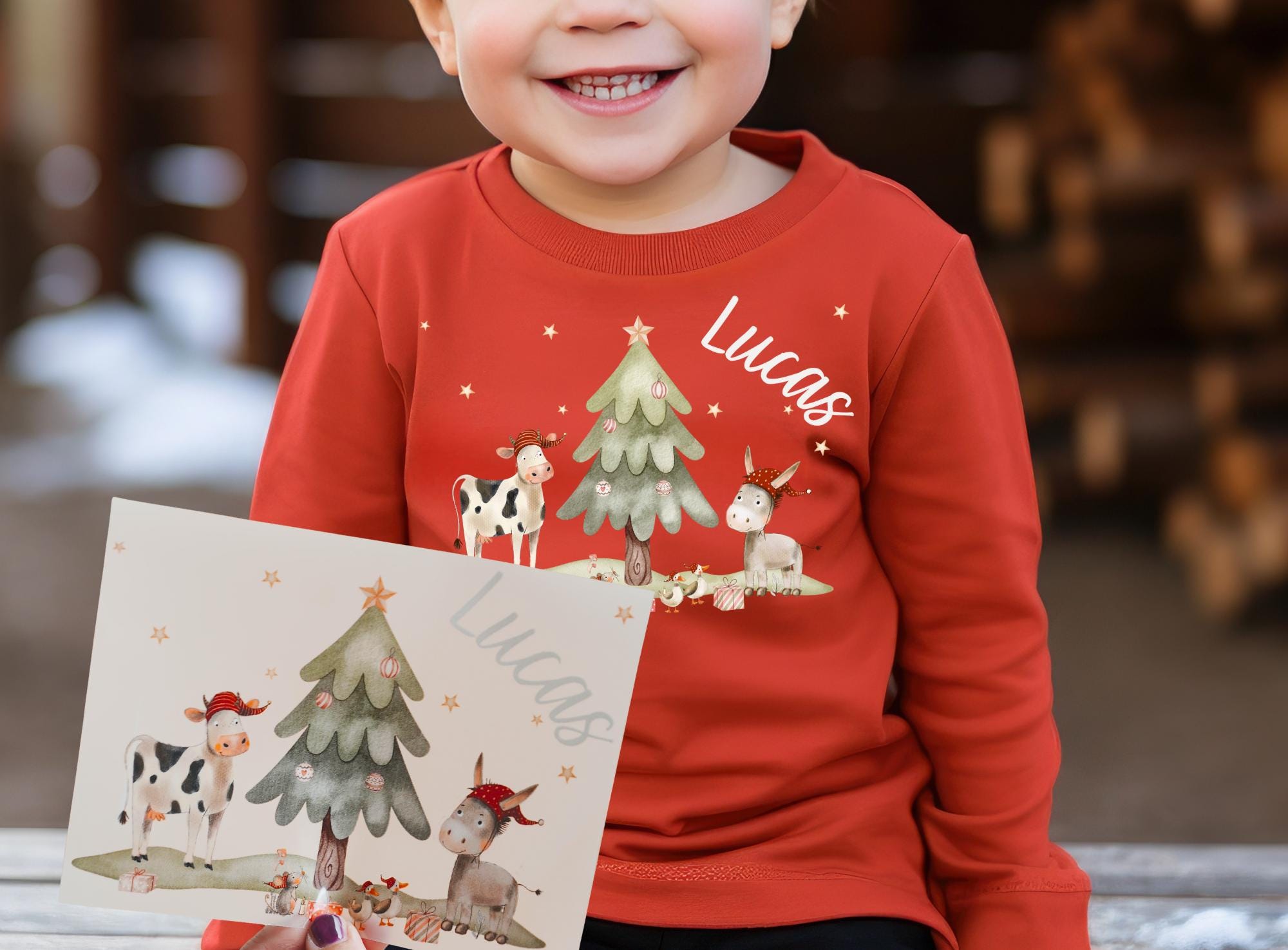 Bügelbild Weihnachten personalisiert mit Namen - Kuh & Esel unter Weihnachtsbaum – Bügelmotiv – Patches