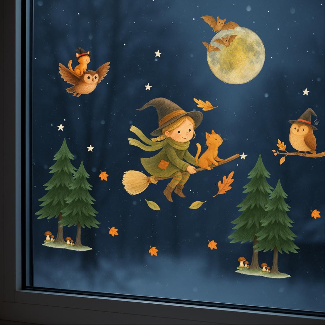 Herbstdeko Fenster – Fensterbild Hexe mit Katze & Mond – Halloween Fensterdeko mit Eule und Fledermaus – Fenstersticker Herbst Kinderzimmer – 