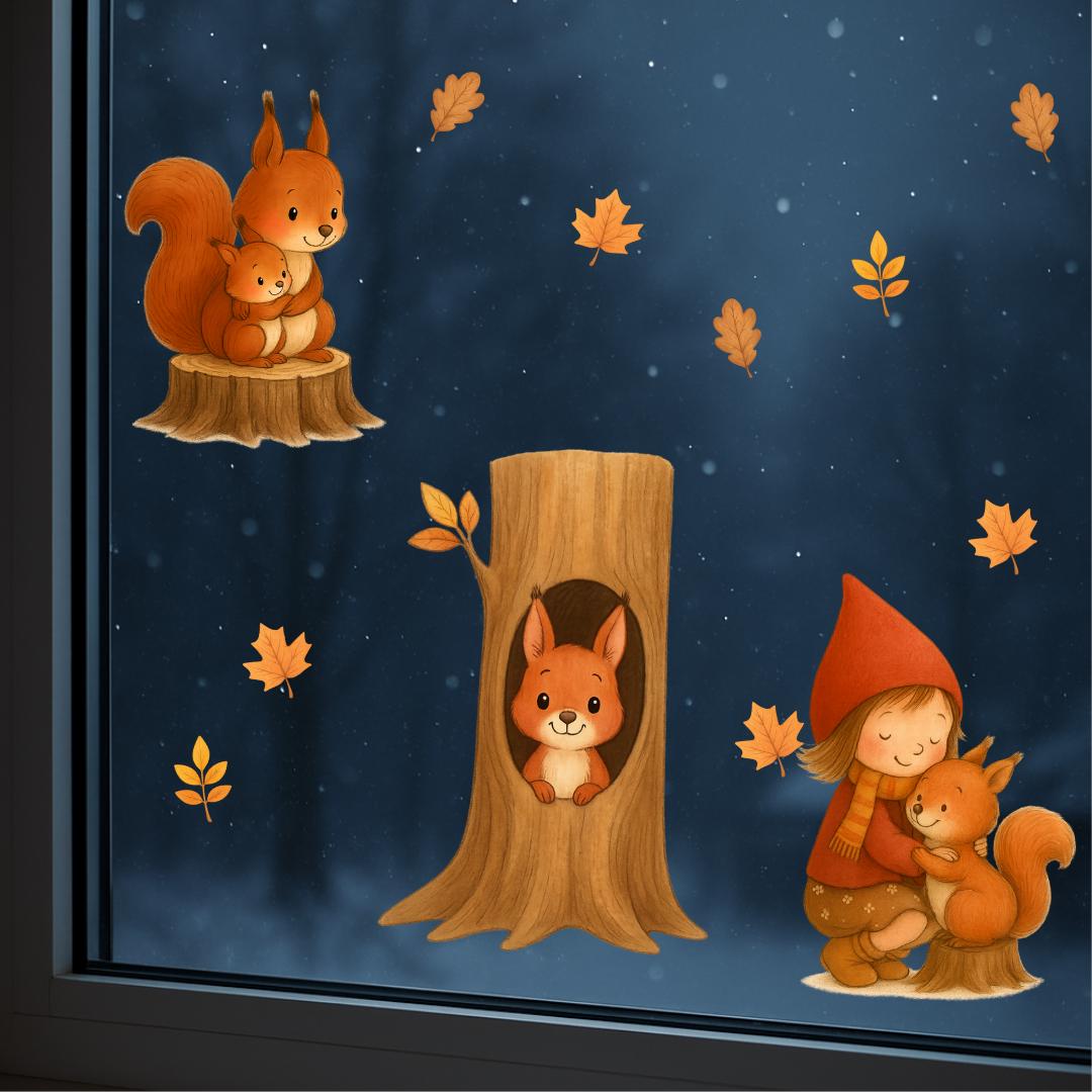 Herbstdeko Fenster – Fensterbild Eichhörnchen & Mädchen – Herbsttiere Fenstersticker – Fensterdeko Eichhörnchen Herbst – 