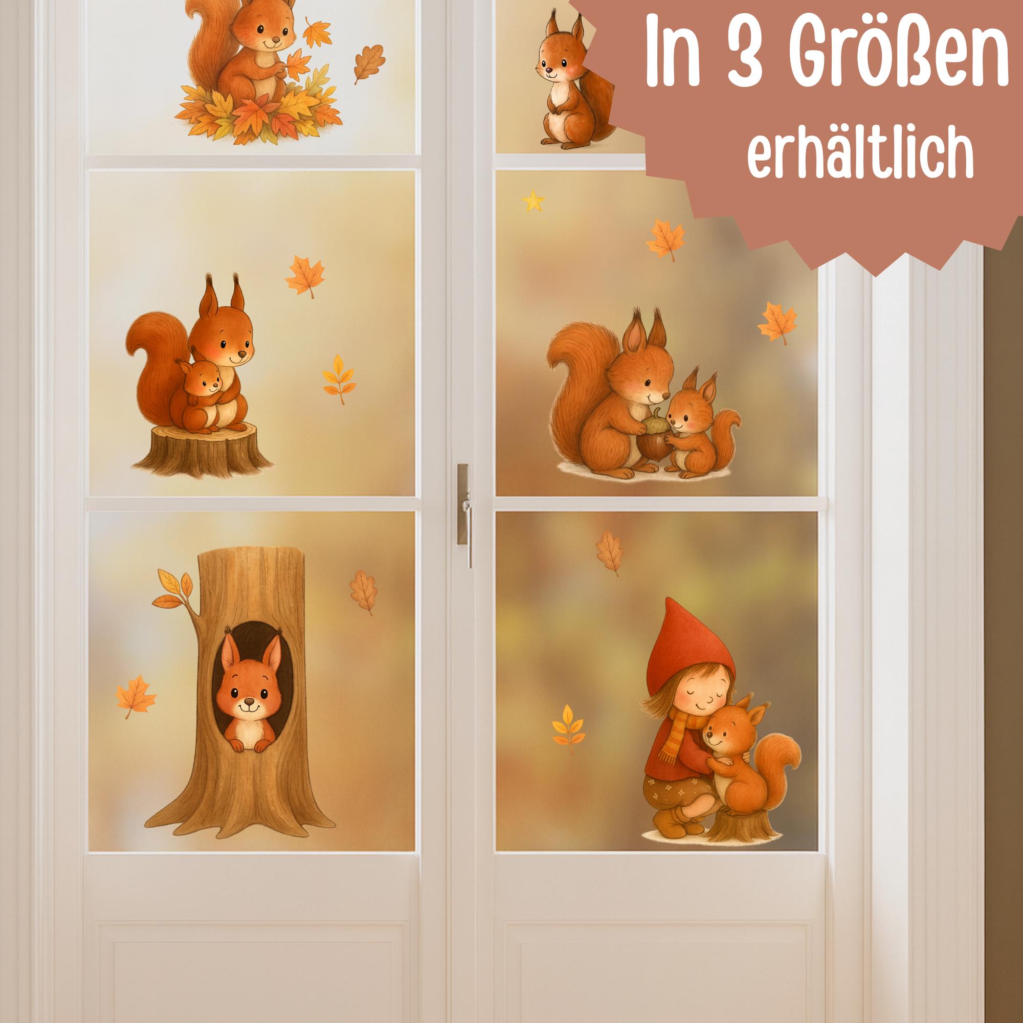 Herbstdeko Fenster – Fensterbild Eichhörnchen & Mädchen – Herbsttiere Fenstersticker – Fensterdeko Eichhörnchen Herbst – 