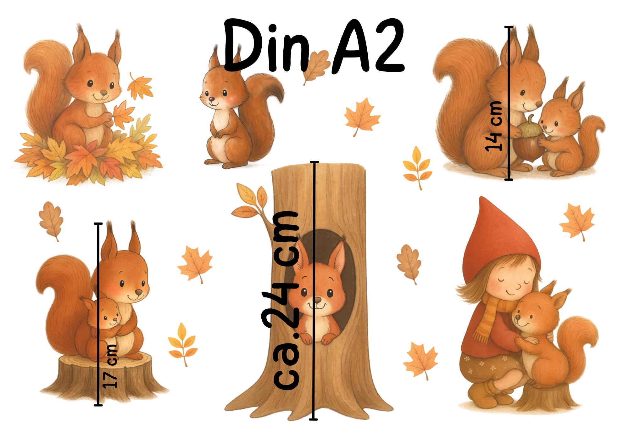 Herbstdeko Fenster – Fensterbild Eichhörnchen & Mädchen – Herbsttiere Fenstersticker – Fensterdeko Eichhörnchen Herbst – 