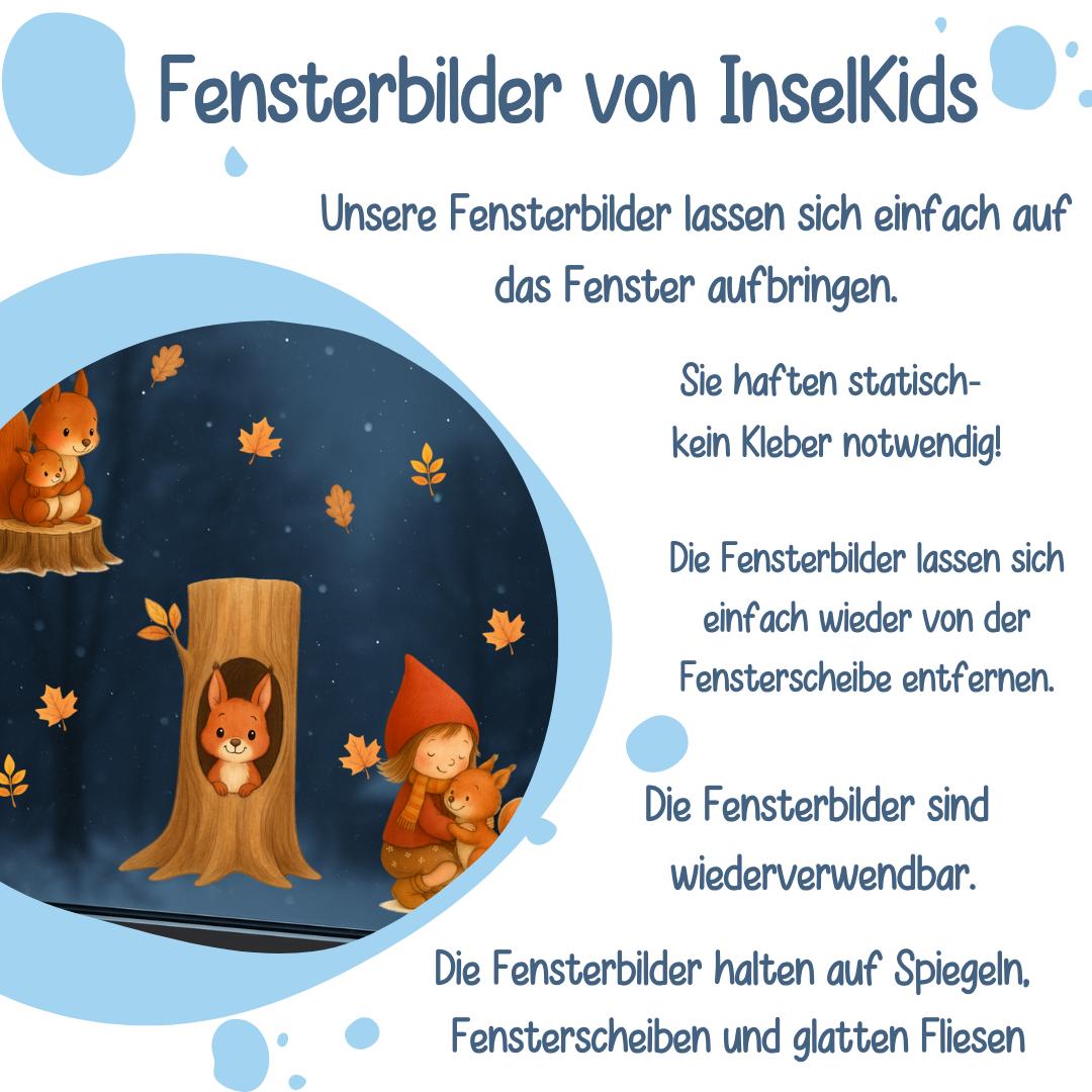 Herbstdeko Fenster – Fensterbild Eichhörnchen & Mädchen – Herbsttiere Fenstersticker – Fensterdeko Eichhörnchen Herbst – 
