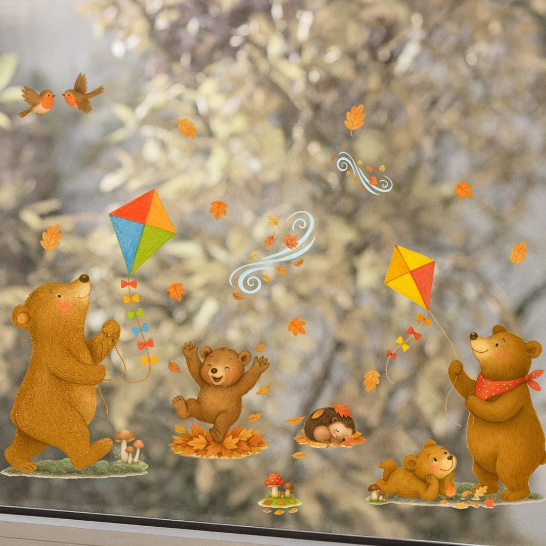Herbstdeko Fenster – Fensterbild Bärenfamilie mit Drachen – Herbsttiere Fenstersticker – Fensterdeko Kinderzimmer & Wohnzimmer – 