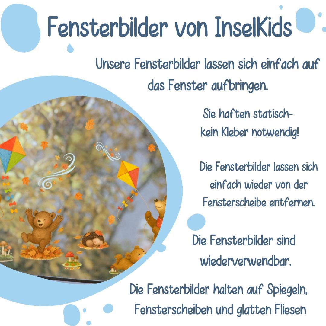 Herbstdeko Fenster – Fensterbild Bärenfamilie mit Drachen – Herbsttiere Fenstersticker – Fensterdeko Kinderzimmer & Wohnzimmer – 