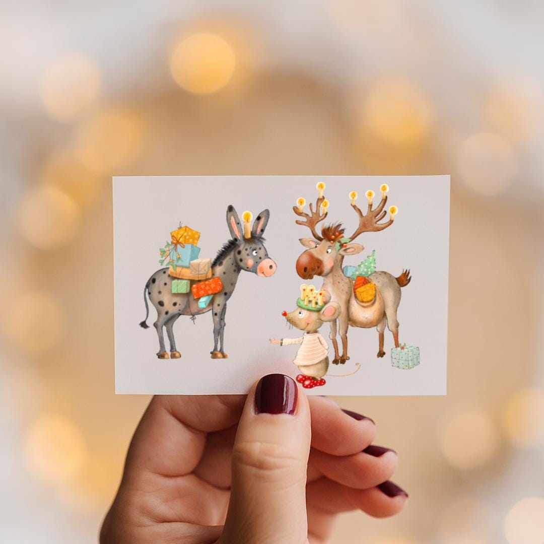 Bügelbild Weihnachten Tiere - Elch, Esel und Maus – DTF Bügelmotiv für Shirt & Pullover – Weihnachtsmotiv – Patches