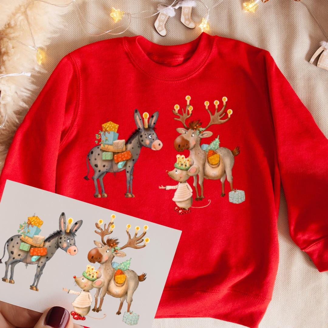 Bügelbild Weihnachten Tiere - Elch, Esel und Maus – DTF Bügelmotiv für Shirt & Pullover – Weihnachtsmotiv – Patches