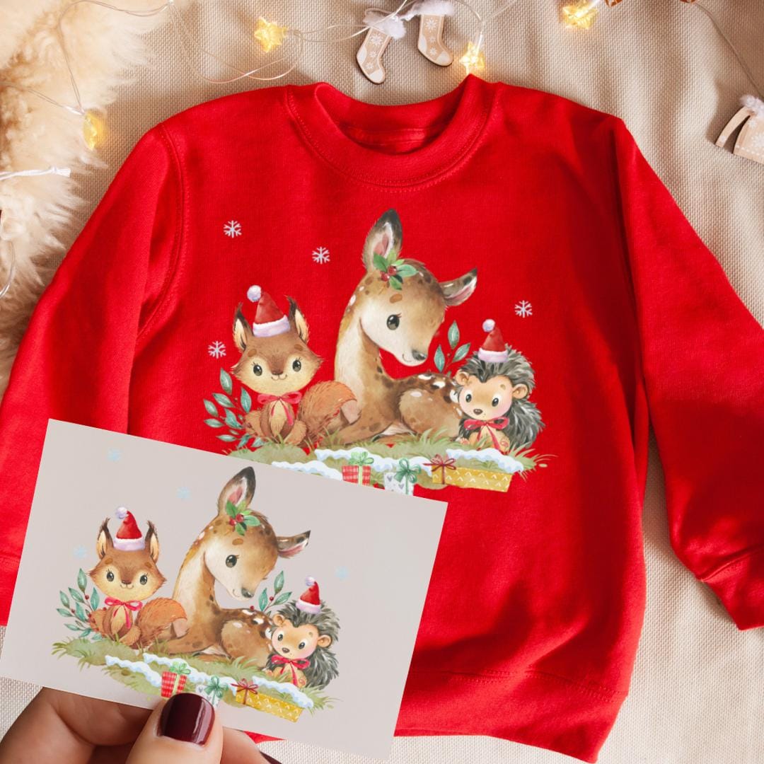 Bügelbild Weihnachten Tiere - Reh, Fuchs & Igel – DTF Bügelmotiv – für Weihnachtsshirt und Pullover – Weihnachtsmotiv Aquarell – Patches