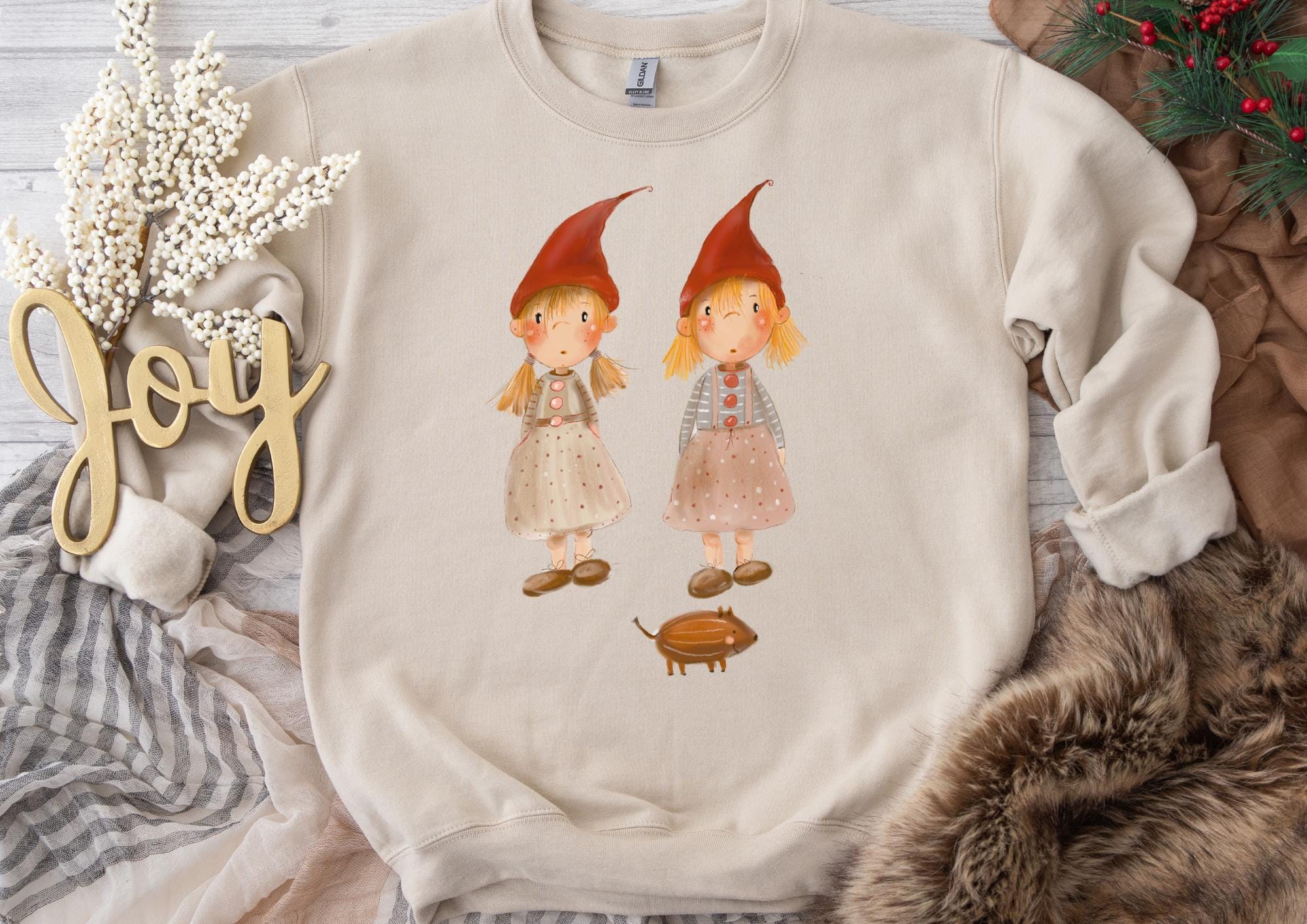 Bügelbild Wichtel Weihnachten - DTF Bügelmotiv im Aquarellstil – Wichtel für -Shirts & Pullover – Winterliches Weihnachtsmotiv – Patches